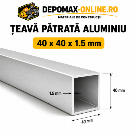 Teava patrata aluminiu 40 x 40 x 1.5 mm, 6 metri (EN AW-6060)